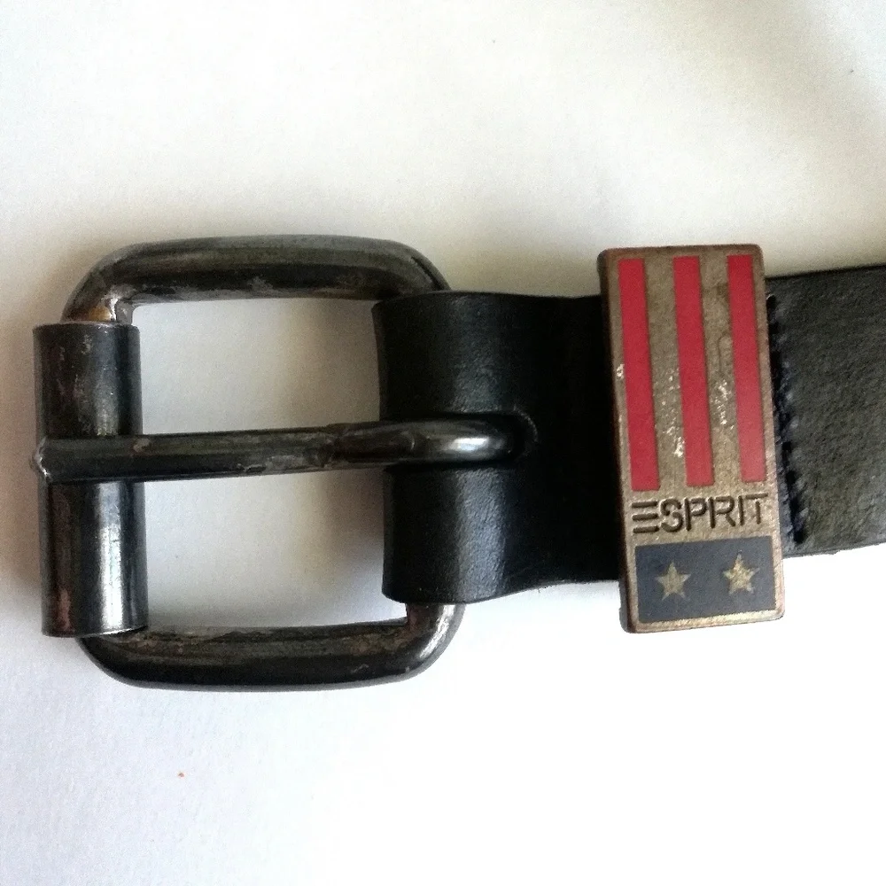 Esprit Vintage 80s Black Leather Belt With Metal Flag Loop